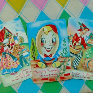 3 Vintage Kitsch 1950s Original Nursery Rhyme Cards Decor Display  N043