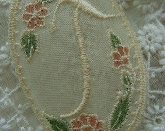 Vintage Victorian Lace Embroidered Monogram Calligraphy Letter T Framed with Flowers