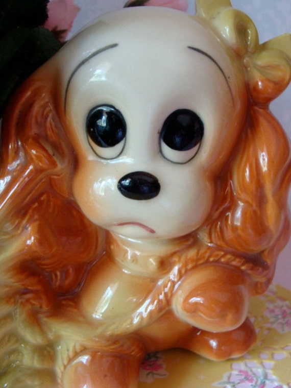Vintage Kitsch Antique Hand Painted Puppy With Yarn Ball Planter Or Straw Holder