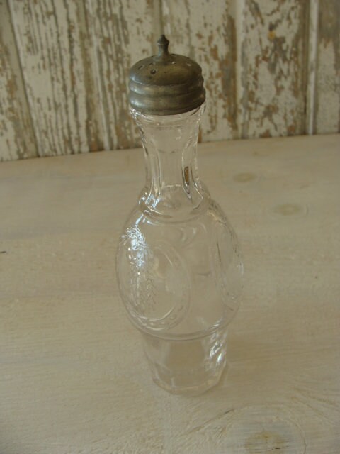 Antique 1920s Art Nouveau Glass Apothecary Bottle With Metal Screw