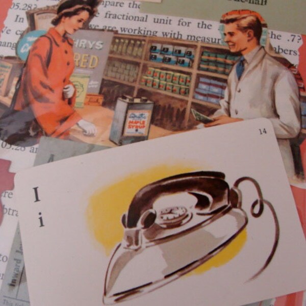 Vintage Antique Sewing Room1950s Two Sided Flash Card Iron  Dick and JaneType