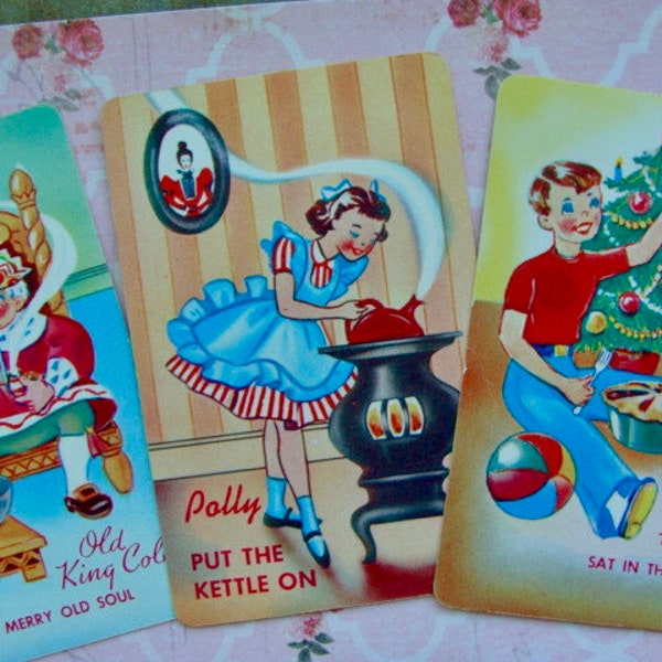 3 Vintage Kitsch Christmas 1950s Original Nursery Rhyme Cards Decor Display Christmas Tree Baking Pies N025