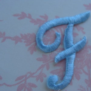 May include: A light blue felt letter F, embroidered in a cursive script style.