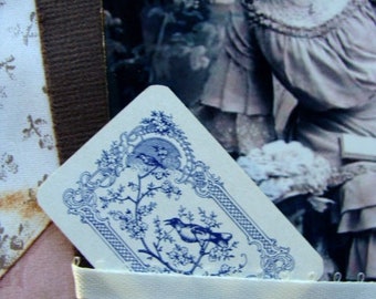 Stunning Toile Blue Birds Rare Antique French Patience Mini Cards