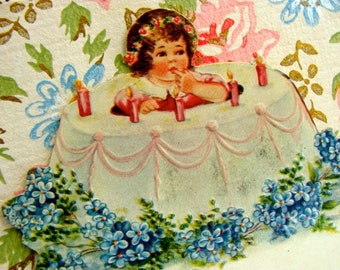 Vintage Stunning Rare Die cut Antique Birthday Cake Dolly Place Card Tally