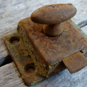 May include: A rusty metal latch with a rounded knob. The latch is green and brown with a rectangular shape. It has two holes on the side and a small metal tab on the bottom.