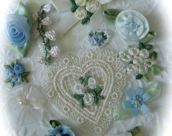 DozenVintage Silk Ribbon Venice Embroidery Luxurious Appliqué Blue Wedding Series lot Vintage Embellishment Flowers N028