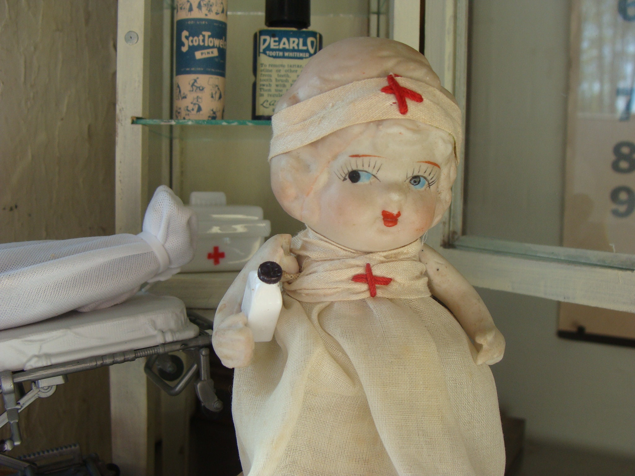 Antique Nurse Occupied Japan Bisque Doll with her First Aid Clothes Too Cute N03