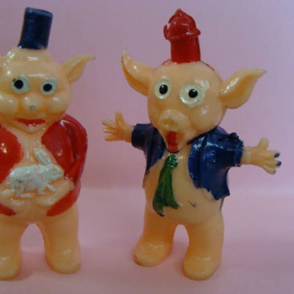 Vintage Kitsch Pink Piglets Adorable Carnival Circus Pigs Holding a Bunny