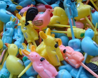 Vintage Antique 1940s Rare Adorable Bunny and Chicks Kitsch Pink Blue and Yellow Cupcake Picks