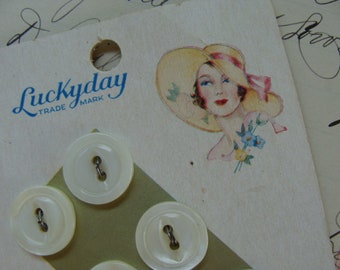 Lucky Day Antique 10 Cent , the little green /gold Genuine Pearl Button Card