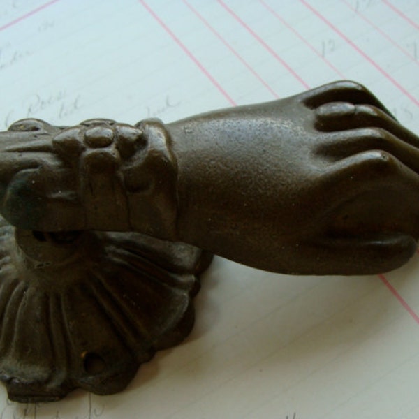 Antique Salvaged Gothic Edwardian French Ornate Functional Hand Sculpture Door Knocker
