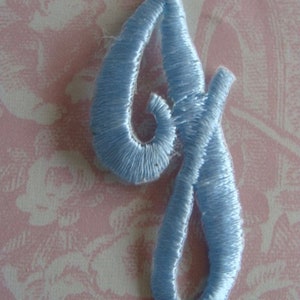 May include: A light blue felt letter G, embroidered with a satin stitch. The letter is on a pink floral background.