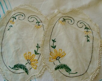 2 X Antique Embroidered Pair Linen Pretty  Couch or Chair Protectors