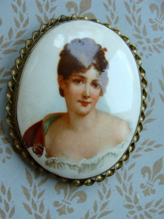 Antique Edwardian Victorian portait brooch gold f… - image 4