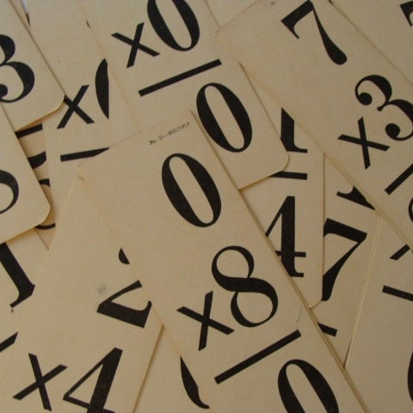 Very Large Math Flash Cards, Numbered Antique Multiplication Mathematics Flash Cards Wonderful for Altered Books or Smash Journals