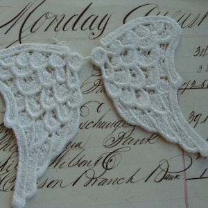 May include: Two white lace angel wings with a delicate, intricate design. The wings are made of a fine, white lace fabric and have a slightly scalloped edge.