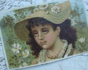 Rare Antique Lithograph Trading Card Girl with Pearls