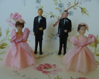 One 1950s Vintage Pink Kitsch Antique Wedding Wilton Cake Toppers Celluloid Vintage Bride Bridal Party or Vintage Prom Couple