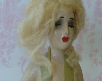 Antique Stunning 1920s Chalk Rare Pin Cushion half Doll with Beautiful Pin Tuck Scrumptious Dress