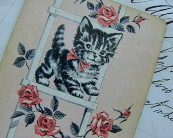 Sweet and Adorable Vintage 1940s Kitten and Roses Blush Playing Trade Card
