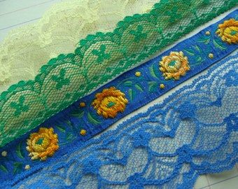 Vintage Coordinating Embroidery Ribbon and Lace Yardage Lot Gorgeous Summer Colors