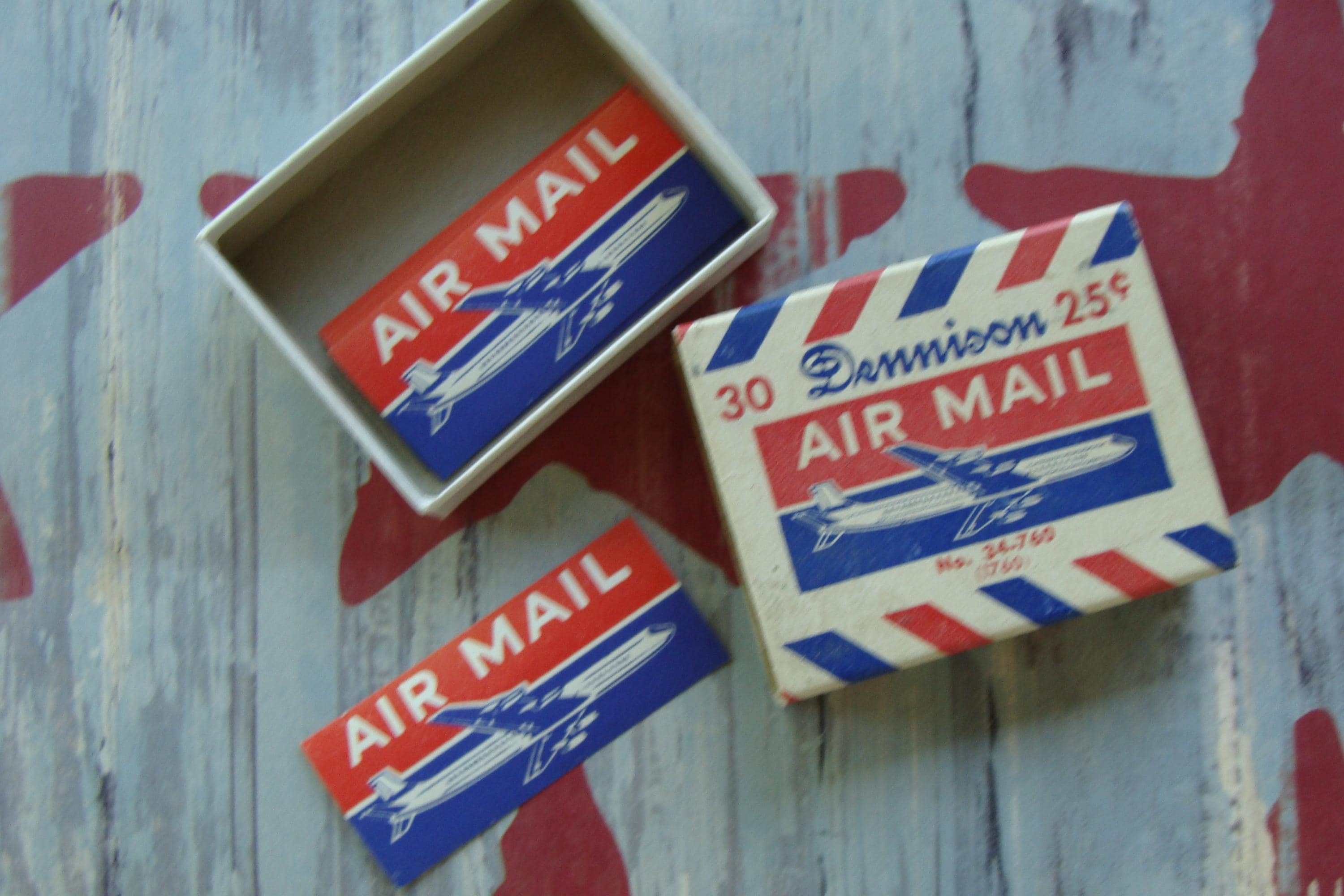 y*i様 海外ヴィンテージラベル 箱ごと　大容量　デニソンラベル　郵便ラベル　蚤 Antique Dennison Air Mail Seven Labels N0 34 760 in Original Box