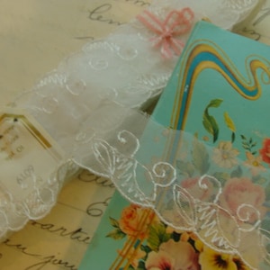 Vintage Beautiful Sheer Embrodiered Feminine Scalloped Lace Yardage , Pristine Rare and Stunning