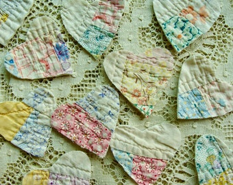 6 X Vintage Handmade Quilt Beautiful Needlework Cut Hearts for Slow Stitch wonderful for Journals