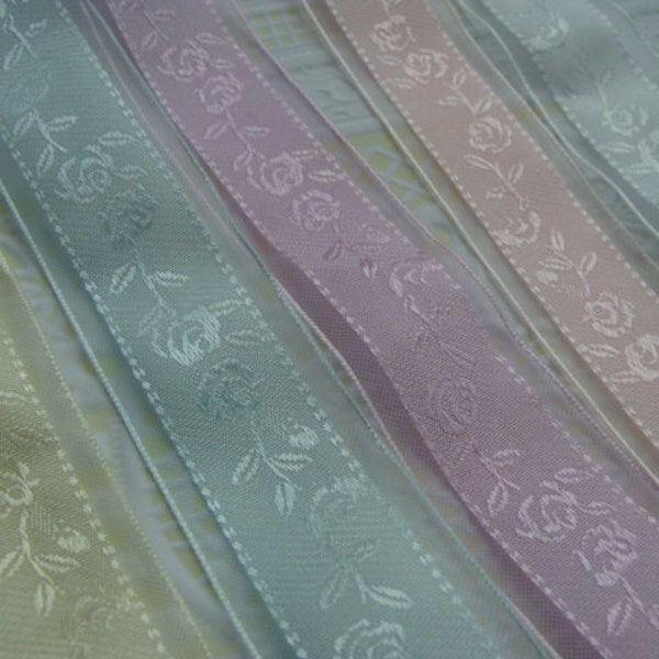 One Yard Vintage  Luxurious Satin Silk and Sheer Trimmed Pale Pastel Ribbons with Roses Made in Switzerland New/Old Stock Your Choice