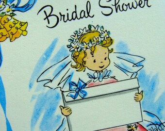 May include: A vintage bridal shower invitation with a cartoon illustration of a bride holding a blank white card. The card has a blue ribbon on it. The text on the card reads "You're Invited to a Bridal Shower".