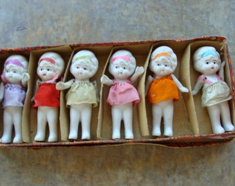 6 Antique Jointed Bisque Doll Lot Adorable Dolls and Lots of Attitude with Pretty Faces Original Damaged Box