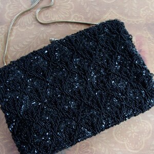Antique Art Nouveau Black Hand Beaded Purse Bag with Rhinestone closure