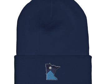 MN Flag in Silhouette of Minnesota Embroidered on a Knit Stocking Cap, Winter Hat