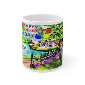 Happy Mother's Day Lake Scene Mug | Floral Park Bench, Boat, Lantern