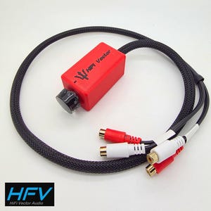 May include: A red HiFi Vector audio component with a black knob and RCA connectors. The component has the text "HiFi Vector" and a trident logo. The cables are black and white.