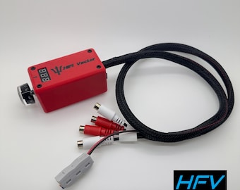 May include: A red electronic device with a black knob and a digital display reading "8.8.8". The device is labeled "HIF Vector". The device is connected to a black cable with red and white RCA connectors.