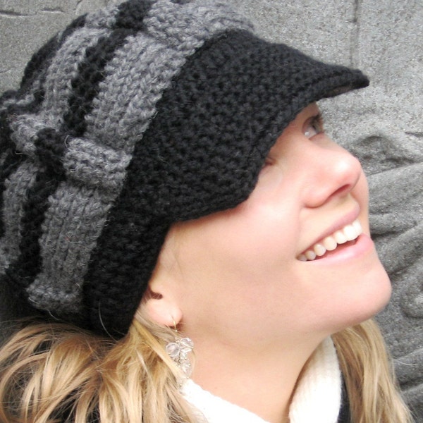 Jaunty Newsboy Crocheted Hat in Charcoal Gray and Black Wool