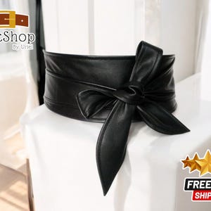 Women&#39;s Soft Leather Waist Belt | Obi Belt with Bowknot | Elegant Wide Tie Belt for Dresses | Ladies Cozy Cincher Accessory