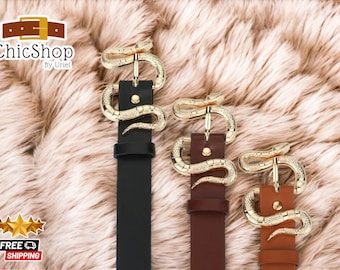 Gold Snake Buckle Belt | Fashionable Metal Snake Ornament | Stylish Women’s Belt | Comfortable Chic Apparel Accessories