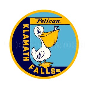 Adesivo / Etichetta adesiva con pellicano carino dello stato dell'Oregon degli anni '50 di Klamath Falls