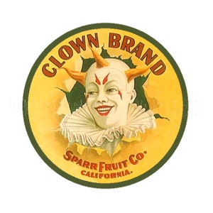 Adesivo | Adesivo decalque assustador da marca California Clown da década de 1950, da California State Sparr Fruit Co.