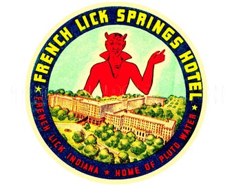 Sticker | 1950s IN State Red Devil &#39;Home of Pluto Water&#39; French Lick Springs Indiana Sticker Decal Label