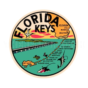 Aufkleber |  1960er Jahre FL State Boote und Angeln mit Key West Florida Keys Aufkleber Aufkleber Etikett