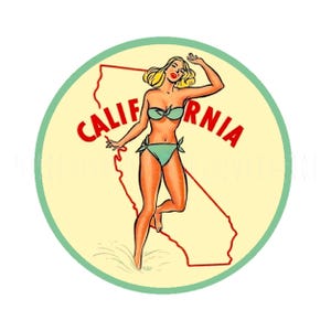 Sticker | 1950s CA State Dramatic Bikini Girl on California Beach California Sticker Decal Label