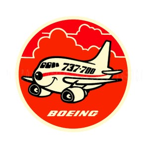 Sticker | 1980s Cartoon Smiling Jet Airplane Boeing 737 Sticker Decal Label