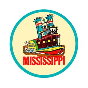 Adesivo / Etichetta adesiva con scritta Mississippi, battello a vapore MS State River Queen degli anni '60