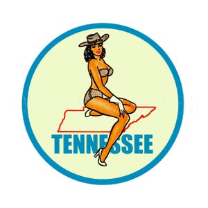 Sticker |  TN Cowgirl uit de jaren 1950 zittend op sticker sticker sticker Outline of the State of Tennessee