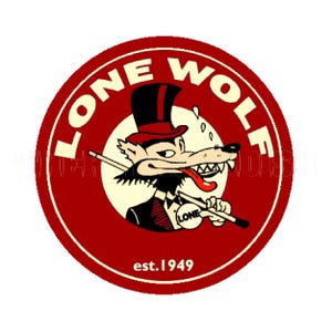 autocollant | Loup requin de piscine rouge cool des années 50 avec queue et étiquette de décalcomanie autocollant loup solitaire haut de forme