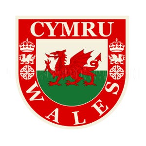 Adesivo / Etichetta adesiva con bandiera gallese, leoni, draghi, nodi celtici e corone, eredità britannica gallese degli anni '70, Gran Bretagna, Cymru, Galles
